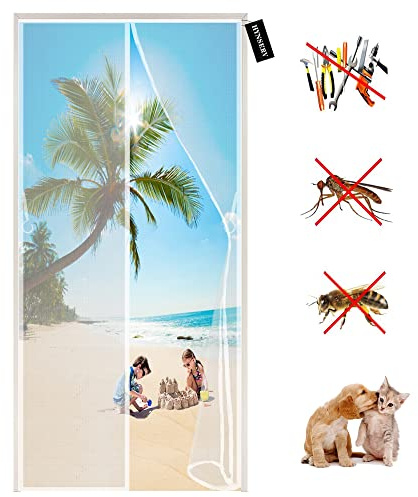 Magnetic Fly Screens for Doors 150 x 195 cm Heavy Duty Bug Mesh Curtain Magnetic Door Screen - Keep Bugs Out & Let Fresh Air in - for Entry/Exterior Door/Kitchen/Patio Door - White A