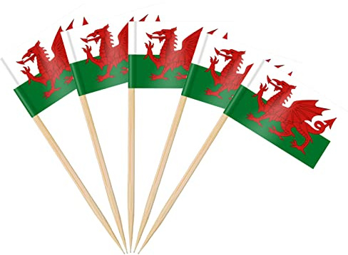 AhfuLife 100pcs Wales Toothpick Flags Cake Toppers for St David's Day Decorations, Welsh Cocktail Stick Flag for Sandwich Food Cupcake Toppers Tableware World Cup Party Supplies Pub Royal Event Decor