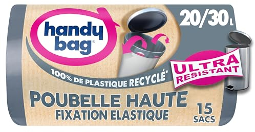 Handy bag Rotoli da 15 sacchetti della spazzatura 20 L/30 L, 80% plastica riciclata, chiusura con maniglie scorrevoli con fissaggio elastico, triplo spessore, antiperdita, 47 x 78 cm