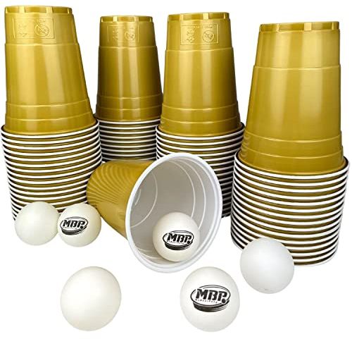 Or | Lot de 100 gobelets à bière de 16 oz + 6 balles de pong à bière | Les accessoires de festival 2022 | Gobelet en plastique solide 0,5 | Meilleur accessoire de table à bière | Jeu à boire