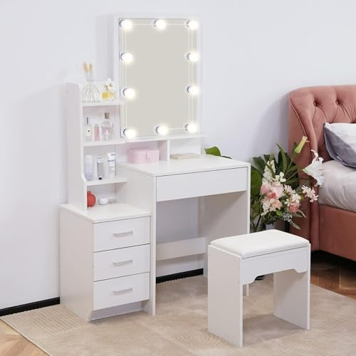 LEMROE Tavolo da Toeletta Trucco con Specchio LED e Sgabello, Postazione Trucco Hollywood con 7 Ripiani e 4 Cassetti, Toilette/Toletta da Trucco per Donne e Ragazze, Mobile Moderno per Camera da Letto