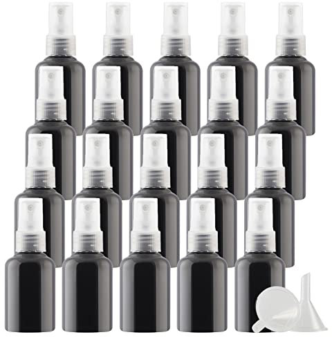 PQPAUTY 50 Piezas Pequeño 50ml Botella de Spray Plástico PET Vacías Negro bar con Bomba en Spray Transparente de Niebla Atomizador para Perfume Viaje Artículos de Agua Cosmético, 6 Piezas Embudo