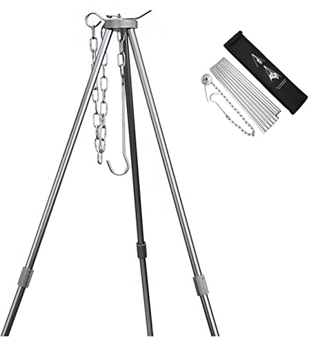 BBQ Dreibein Gestell,Dreibein Teleskopgestell Grillständer,Kochen im Freien Stativ Set Klapp Lagerfeuer Grillrost Stand Camping, Hängegrill Camping Stativ Mit Kette & Haken (B)