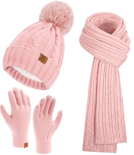Bequemer Laden Winter Mütze, Schal & Handschuh-Sets für Damen Geschenke | Damen Winter Warm Beanie Wintermütze mit Bommel Gefüttert Touchscreen Winterhandschuhe Lang Schal Set Weihnachtsgeschenke
