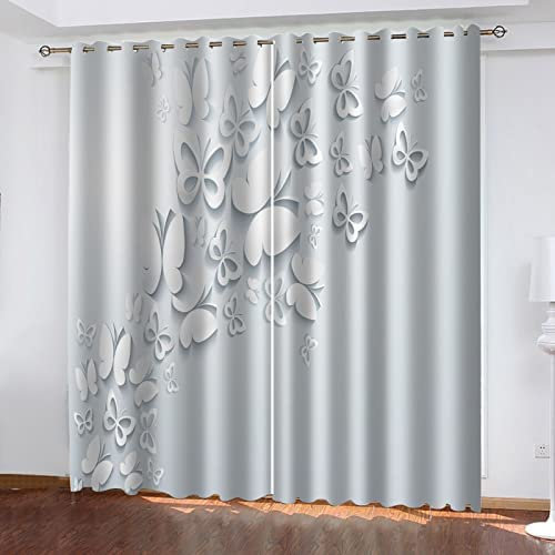 3D Vorhang Blickdicht Abstrakter Weißer Schmetterling 100% Polyesterfaser Wohnkultur Personalisierter Druck Kinder Vorhang Schlafzimmer 150(B) X166(H) cm - Wohnzimmer Büro Kinderzimmer Fenster Dekor