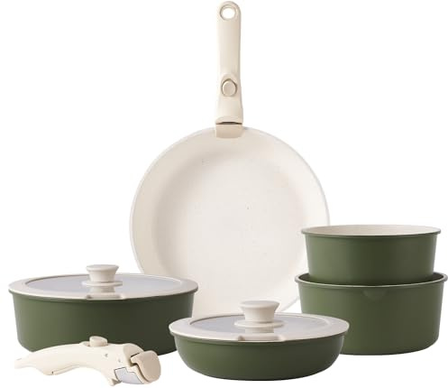 RIOVARM Induktion Töpfe und Pfannen Set mit abnehmbaren Griffen, Antihaft Granit Stapelbar Kochgeschirr-Set mit Silikon Deckeln, Platzsparend Topf- & Pfannensets ohne PFOA, Bratpfanne, Casseroles