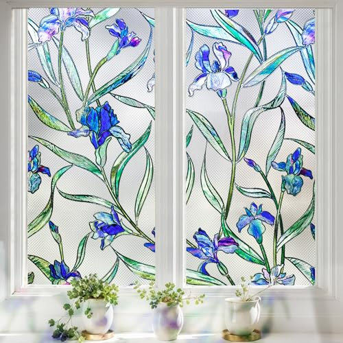 Lifetree Window Film Privacy for Glass Windows, Blue, 43x100cm | 3D Flower Patterned Glass Stickers, Non-Adhesive Static Cling Removable Anti-UV Frosting Film For Home Office
