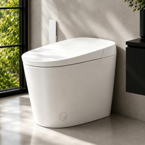 EPLO Bidé de inodoro inteligente con tanque integrado, tapa de cierre de apertura automática, altura cómoda ADA, descarga automática dual, funcionamiento con sensor de pie, asiento calefaccionado,