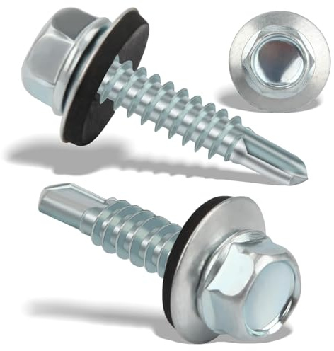 120 stycken självgängande skruvar 5,5 x 25 mm trapetsplåtskruvar plåtskruvar skruvar med tätning borrskruvar takskruvar med tätningsskiva dispenser självgängande (silver)