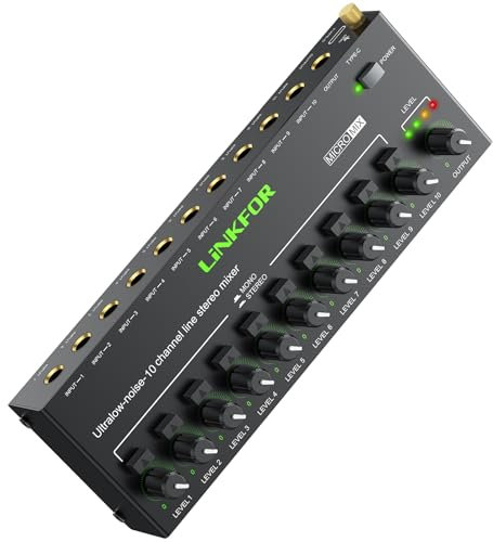 LiNKFOR 10-Channel 6.35mm Audio Mixer with Independent Volume Control, Ultra-Low Noise, Type-C Power Interface, Certified Power Supply and Output Volume Indicator for Home Studio, Stage, Bar