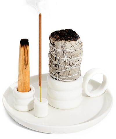 BS-VOG 4 in 1 Incense Holder, Palo Santo Holder for Burning Sage, Sticks & Candle, Ceramic Incense Burner with Handle, 5.9 Inch Ash Catcher Tray, Zen Decor for Meditation & Gift, White