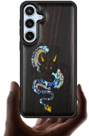 Carveit Designer Wooden Case for Samsung Galaxy S24 FE Case Cover [Wood Engraving & Shell Inlay] Compatible with Wireless Chargers S24 FE Case (The Oriental Dragon-Blackwood)