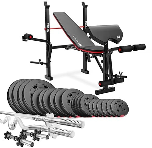 HOP-SPORT® Banc de Musculation Pliable HS-1055 avec Pupitre de Curl, Papillon et Set de Disques de Poids en Plastique de 106 kg Alésage 31 mm et Barres d'haltères, longue, Super Curl SZ, Noir