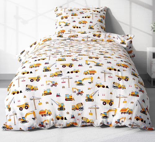 2 teilige Renforcé Bettwäsche 135x200cm + 80x80cm Bagger (EW-Bagger) | Baufahrzeuge, Kräne - Kinderbettwäsche aus 100% Baumwolle, Kinder, Kids, Reißverschluss