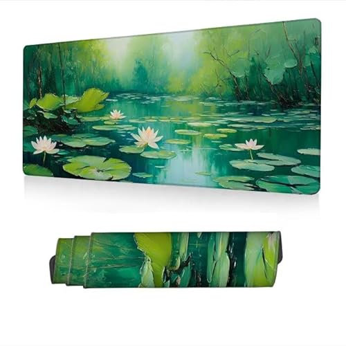 Tapis de Souris XXL 1400x600x3mm, Tapis Souris Vert Mousepad Imperméable, Feuille Lotus Mouse Pad avec Base Antidérapant, Desk Mat avec Bords Surpiqués, Deco Bureau, Gaming Accessoire, Cadeaux S1-742