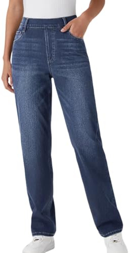 shownicer Jean Femme Taille Haute Pantalon Large Taille Elastique Jean Baggy Décontracté Stretch Jeans Droit A Bleu Foncé L