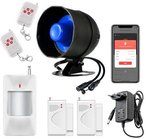 Alarma Puerta con Sirena, Alarmas para Casa WiFi sin Cuotas 115dB Sirena Alarma con Sensor de Movimiento, Sensor Puerta, 7 Pieza Control Remoto Sistema de Seguridad para el Hogar Compatible con Alexa