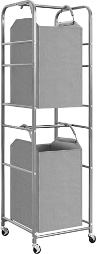 STORAGE MANIAC 2 Tier Vertical Laundry Hamper, 2 Section Laundry Sorter with 2 Removable Tote Bags, Rolling Clothes Basket for Towels, Blankets, Tall Dirty Clothes Hamper for Closet, Bathroom, 2 Bags