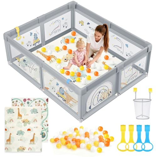SOFTHOM Laufstall Baby mit Matratze, 150x180cm Laufgitter Baby mit Rutschfestem Boden und Atmungsaktivem Netz, Stabiler und Sicherer Indoor & Outdoor Babyspielplatz, Inkl. 60 SeebäLle, 4 Griffe
