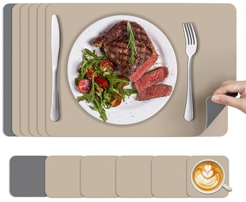 KitchenBoss Manteles Individuales Lavables y Posavasos: Salvamanteles Individuales Juego de 6, Mantel Individual de Doble Cara, Resistentes al Calor Antideslizante 43x30cm