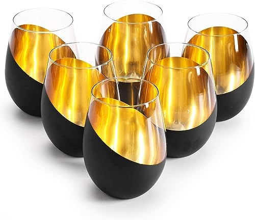 Set di 6 bicchieri da vino senza stelo, design moderno nero opaco e oro, inclinato, capacità 510 g
