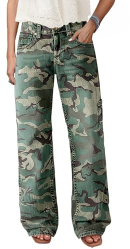 Flamingals Straight Leg Jeans for Women Mid Rise Casual Wash Floral Embroidery Denim Pants Mutliple Camo L