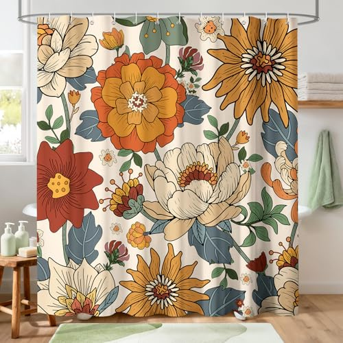 Hopomoon Retro Duschvorhang 180x180 cm Cremefarbener Üppigem Blumen-Print Wasserabweisender Waschbarer Boho Duschgardine im Vintage-Stil