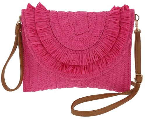 equilibrium Woven Fringed Fuchsia Cross Body & Clutch Bag, Straw-Style Textured, Detachable Strap, 20x28x4 cm