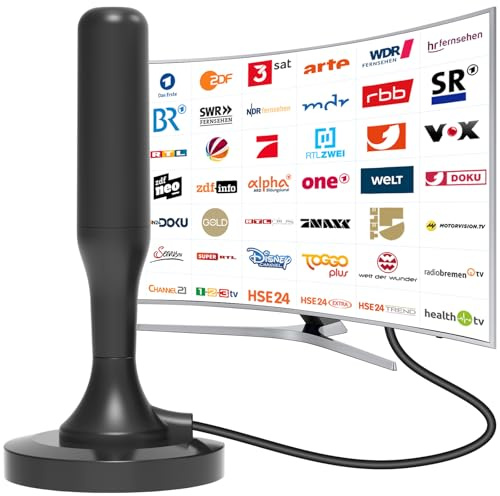 DVBT2 Antenne, Zimmerantenne für Fernseher, DVBT antenne Geeignet für lokale Sender, DVB-T & DVB-T2 Antennen mit Magnetfußl 360°Allroundempfang, 4K UHD Kostenlose lokale Sender 3m Kabel (Schwarzer)