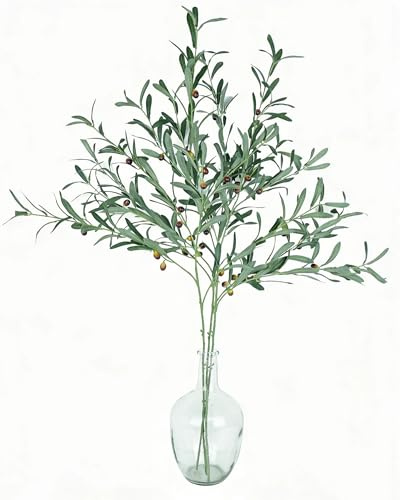 Avoik Artificial Plants Stems Olive Branches 43.3 Tall Large Faux Olive Branches Fake Greenery Leaf Stems Tree Branch Green Plant Faux Plants for Vases Home Decor Wedding Arrangement, 3 PCS