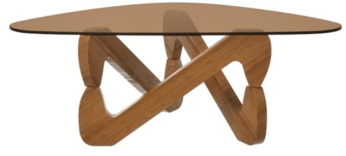 Soffbord, triangulärt soffbord av glas, modernt soffbord med trekantig massiv träbas och förtjockat härdat glas, sidobord, ovanligt soffbord för vardagsrum kontor (brun)