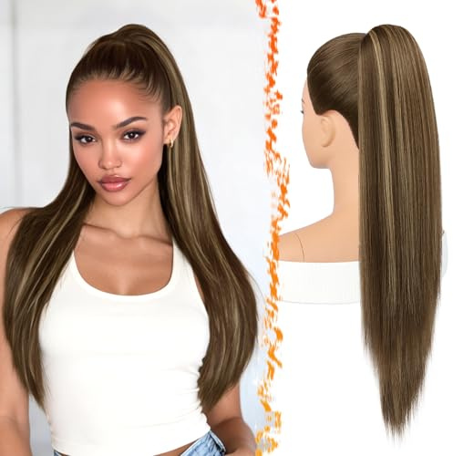 BARSDAR Lisci Coda Capelli Extension, 70cm Lunga Lisci Coda di Cavallo Extension con Coulisse Naturale Sintetici Cheer Posh Ponytail Capelli Extensions Posticci Cheer Competition - Marrone con Biondo