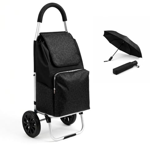 G.mütlich Folding Shopping Trolley with Cooling Compartment, Lightweight Aluminium Shopping Trolley, Back-friendly Including Umbrella (Black Leopard Print)