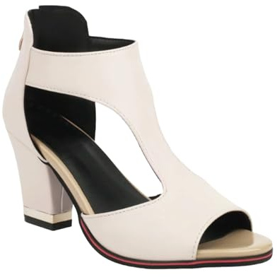 Sandalias Romanas Casuales para Mujer, Sandalias de tacón Alto con Tira en T y Puntera Abierta, con Cremallera Trasera y Tira en el Tobillo Zapatos de Vestir para Mujer,Beige,35