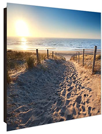 banjado Großer Schlüsselkasten Glas - Schlüsselbox 30x30cm mit 50 Haken - Schlüsselkasten modern für Schlüsselaufbewahrung mit beschreibbarer, magnetischer Glastür - Motiv Nordseestrand