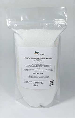 fosfato monopotásico 00-52-34 (MKP) KH₂PO₄ Hidrosoluble cristalino y foliar 1 Kilo monopotasio Utilizado para cuajado y la maduración de los Frutos de arboles y arbustos.
