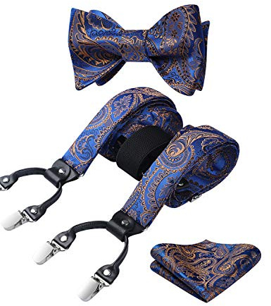 HISDERN Blau Herren Hosenträger mit 6 starken Clips Extra Breit Paisley Y Form Hosenträger für Herren mit Fliege Einsteckuch Set…