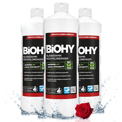 BiOHY Glaskeramik Kochfeldreiniger (3 x 1 Liter) | Ceranfeldreiniger für die Küche | Hochglanz Fettlöser ganz ohne Kratzer | Küchenreiniger als Ergänzung zum Ceranfeldschaber | biologisch abbaubar