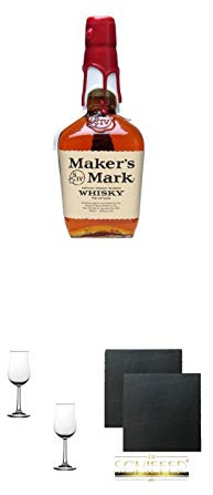 Makers Mark Red Seal Bourbon Whiskey 0,7 Liter + Nosing Gläser Kelchglas Bugatti mit Eichstrich 2cl und 4cl - 2 Stück + Schiefer Glasuntersetzer eckig ca. 9,5 cm Ø 2 Stück