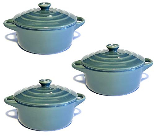 Hobby Tech Lot de 3 Mini Cocottes Grises Céramique Double Poignées avec Couvercle 13,5cm x 8cm Contenance Moule 200ml Ramequin Résistant Haute Température Four pour Petits Plats (Grise, Lot de 3)