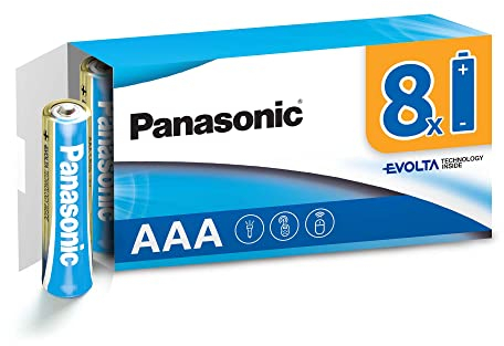 Panasonic EVOLTA TECHNOLOGY INSIDE, AAA Micro LR03, confezione da 8 in imballaggio privo di plastica, 1,5 V, batteria con energia a lunga durata, batteria alcalina