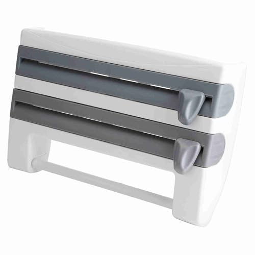 3-Fach Schneidabroller Wandrollenhalter Folienspender Küchenro | Scharfe Klingen hinter ergonomischen Schiebern für präzises Reißen, Kunststoff mit Gewürzablage oben, Halter ohne Bohren fü