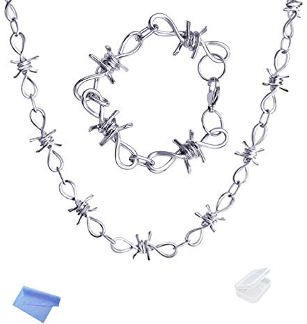 XHBTS Collar de Alambre de Púas punk Gargantilla de Espinas de hip hop Conjunto de Collar y Pulsera de Cadena de Joyería de Rock Unisex con mini Paño y mini Caja