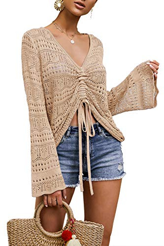 Saodimallsu Suéteres bohemios con hombros descubiertos y mangas acampanadas para mujer, holgados, holgados, de ganchillo, fruncidos