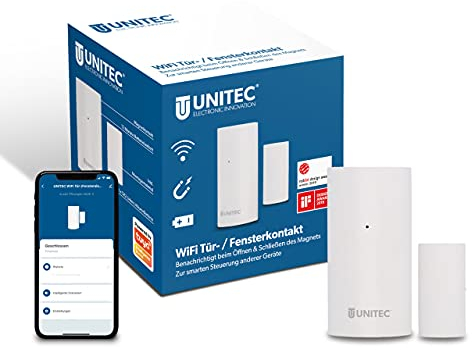 UNITEC WIFI Tür- / Fensterkontakt Magnetsensor | Benachrichtigung aufs Smartphone | WLAN Warnmelder - Kein Gateway notwendig | Batteriebetrieben