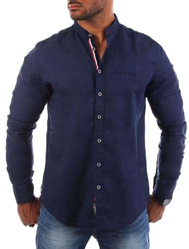 Carisma Herren Hemd Leinen Baumwoll Mix - Freizeit Oberteil mit Stehkragen Kontrast Knopfleiste trendig lässig Basic Oberteil Langarm Regular fit - Modell 8444, Grösse:L, Farbe:Dunkelblau