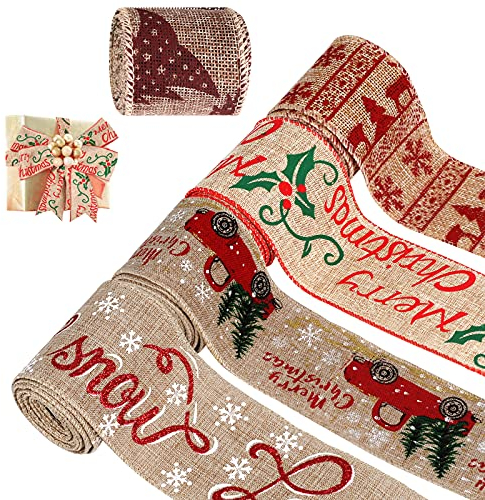 5 Stück Geschenkband Weihnachtsband, funvce Rot Juteband Weihnachtsbänder Schleifenband zum Geschenkpackung Verpackung,Vintage Christmas Satinband für Xmas Deko