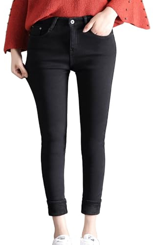 SKYWPOJU Thermojeans Damen Winterhose Thermohose Leggings mit Innenfleece Winterhose Warm Gefütterte Jeans Straight Hose mit Weitem Gummizug Band Jeans Fleece Treggings Damen…