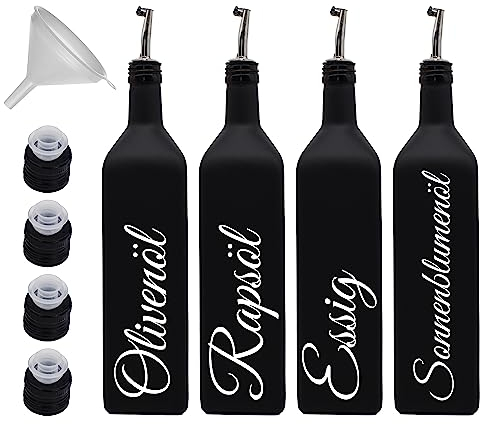Ölflasche Olivenölflasche Rapsöl Sonnenblumenöl Essig 1 Liter mit 4x Ausgießer Edelstahl - 4x Deckel