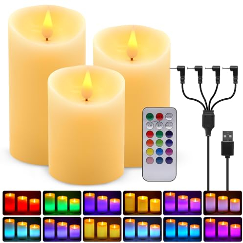 ALED LIGHT Candele LED Senza Fiamma, Bianco Caldo Multicolor Real Wax Pilastro Luce Candela Ricaricabili USB, con Telecomando e Timer, Lampada Candela per Natale Feste Decorazione Casa Matrimonio